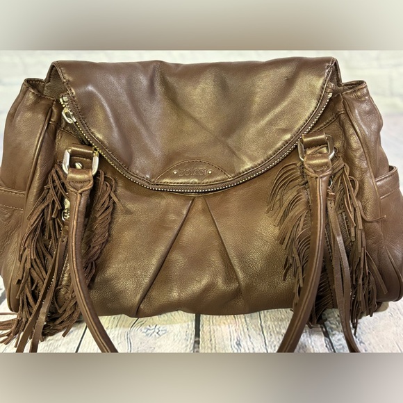 VINTAGE Botkier Chocolate Leather Morgan Boho Fringed Rocker Y2K Satchel Purse - Picture 1 of 14